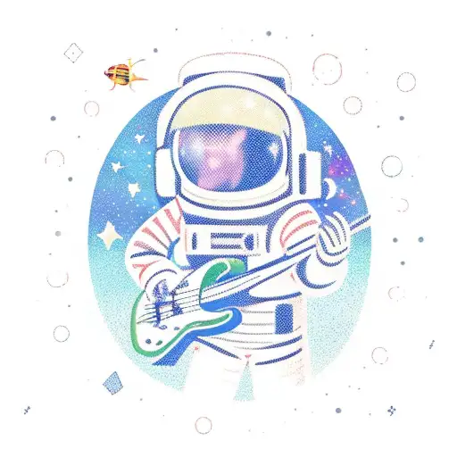 A cartoonish astronaut playing a guitar in outer space tattoo design idea