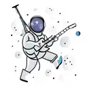 A cartoonish astronaut playing a guitar in outer space tattoo design idea