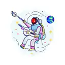 A cartoonish astronaut playing a guitar in outer space tattoo design idea