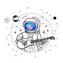 A cartoonish astronaut playing a guitar in outer space tattoo design idea