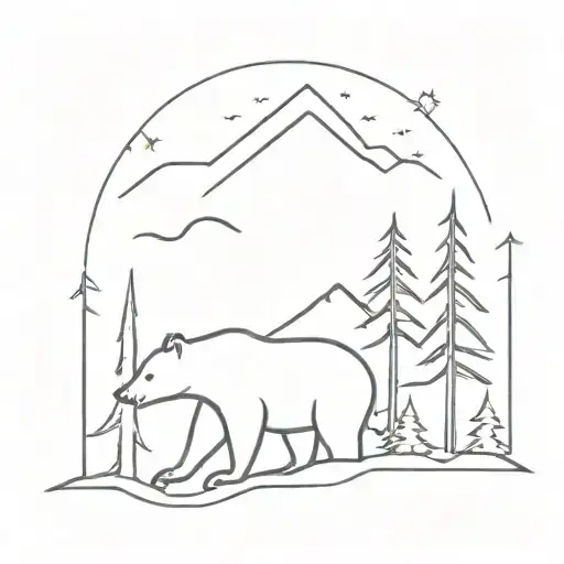 mountain, small bear, forest, simple  tattoo design idea