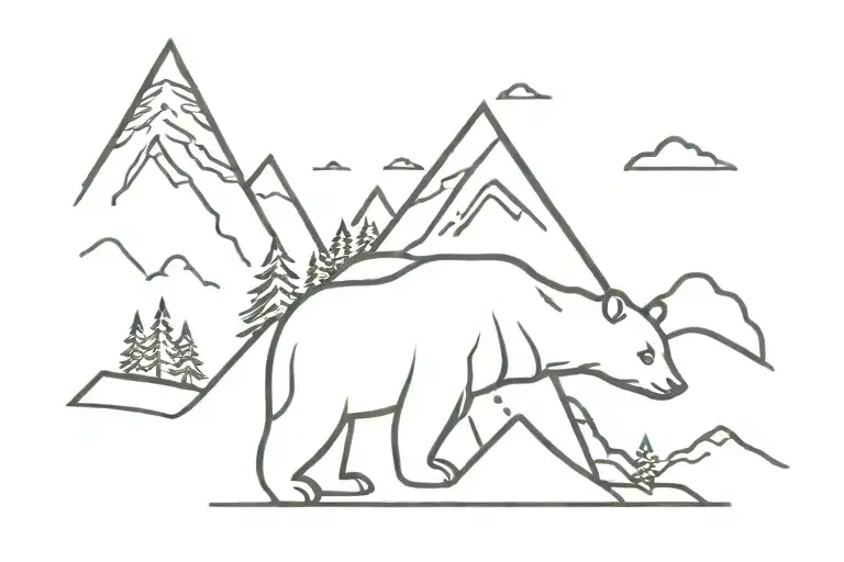mountain, small bear, forest, simple  tattoo design idea