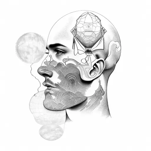 a leg sleeve that features a bald head that exposes a range of thoughts such as mountains, travel, oceans, family. tattoo design idea