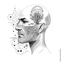 a leg sleeve that features a bald head that exposes a range of thoughts such as mountains, travel, oceans, family. tattoo design idea