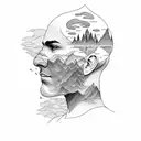 a leg sleeve that features a bald head that exposes a range of thoughts such as mountains, travel, oceans, family. tattoo design idea
