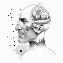 a leg sleeve that features a bald head that exposes a range of thoughts such as mountains, travel, oceans, family. tattoo design idea