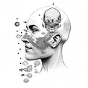 a leg sleeve that features a bald head that exposes a range of thoughts such as mountains, travel, oceans, family. tattoo design idea