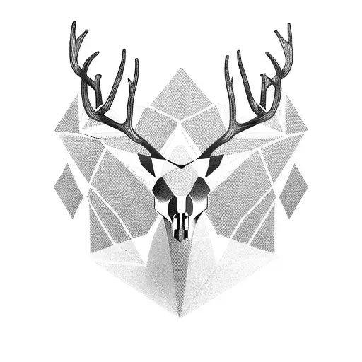 A minimalist geometric design of a deer skull with antlers intertwined with hiking trail markers tattoo design idea