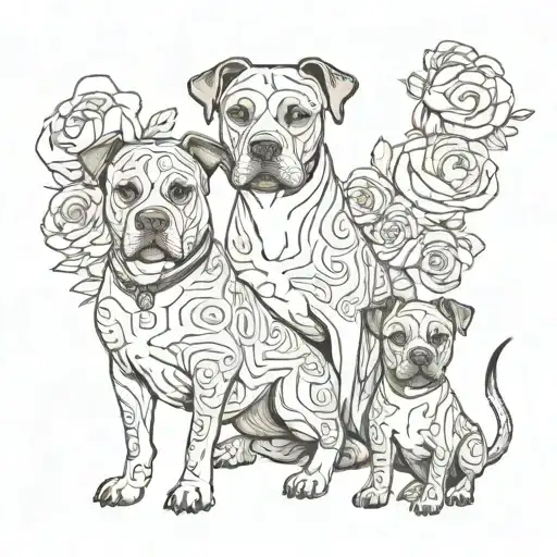outline of mother, daughter and Staffordshire Terrier dog tattoo design idea