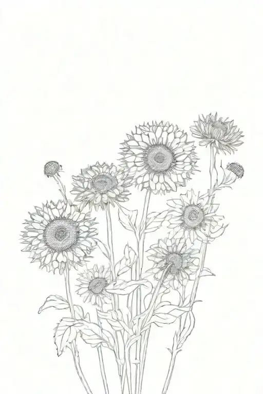 dandelion flower, chamomile, and sunflower with stems with folk style tattoo design idea