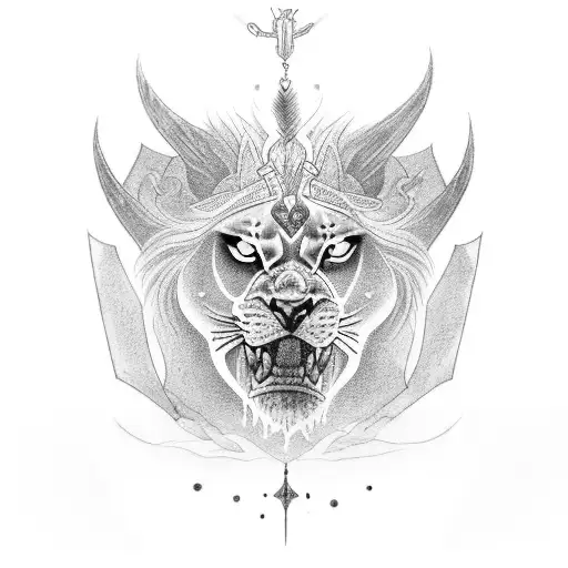 A tattoo un the chest, where there is like ana ángel with a lion in one side. In the other side a demon with a gazelle. tattoo design idea