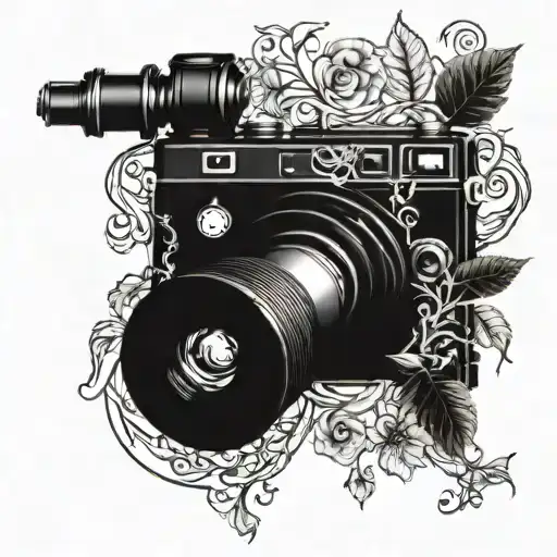 Intricate blackwork camera surrounded by black clover vines tattoo design idea