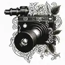 Intricate blackwork camera surrounded by black clover vines tattoo design idea