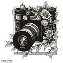 Intricate blackwork camera surrounded by black clover vines tattoo design idea