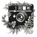 Intricate blackwork camera surrounded by black clover vines tattoo design idea