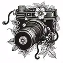 Intricate blackwork camera surrounded by black clover vines tattoo design idea