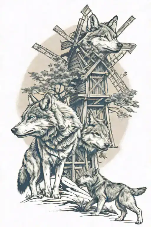 2 adult wolves, 2 baby wolves, windmill background, trees,  tattoo design idea