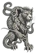 Animal with lion head , elephant trunk and tusks, lion body and claws, dragon tail tattoo design idea