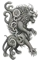 Animal with lion head , elephant trunk and tusks, lion body and claws, dragon tail tattoo design idea