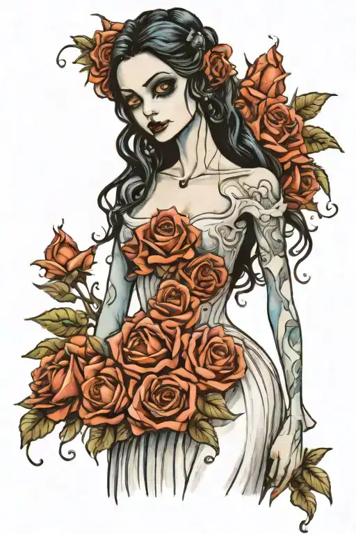 the corpse bride standing holding roses tattoo design idea