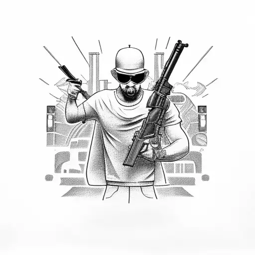 gangster with gun and cars tattoo design idea