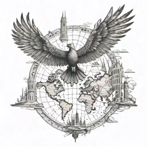 A detailed map of the world with a phoenix soaring over different landmarks representing your favorite travel destinations tattoo design idea