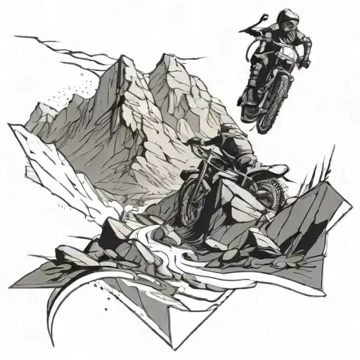 A mountain landscape with a biker conquering challenging trails, with shards of Narsil embedded in the rocks tattoo design idea