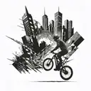 A futuristic cityscape with a cyclist riding through the streets, incorporating shards of Narsil as part of the architecture tattoo design idea