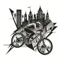 A futuristic cityscape with a cyclist riding through the streets, incorporating shards of Narsil as part of the architecture tattoo design idea