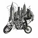 A futuristic cityscape with a cyclist riding through the streets, incorporating shards of Narsil as part of the architecture tattoo design idea