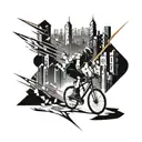 A futuristic cityscape with a cyclist riding through the streets, incorporating shards of Narsil as part of the architecture tattoo design idea
