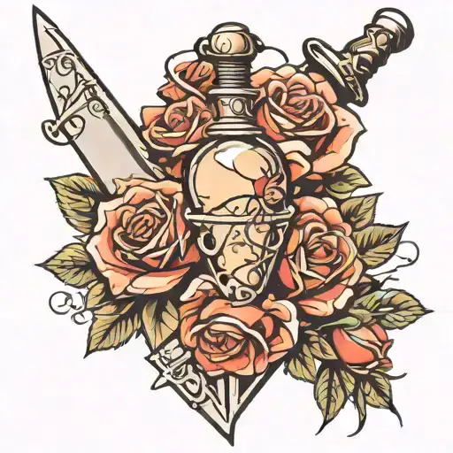 straightjacket roses and dagger wwith heart tattoo design idea