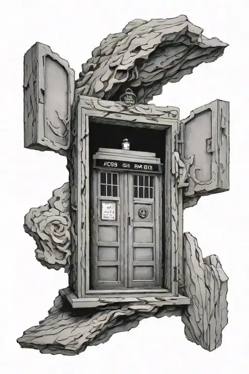 A tardis with the tardis doors open so you can see inside with two people sitting on a ledge outside of it, one person b tattoo design idea