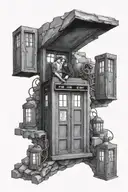 A tardis with the tardis doors open so you can see inside with two people sitting on a ledge outside of it, one person b tattoo design idea