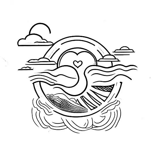 Heart with airplane, wave, sun and letter N tattoo design idea