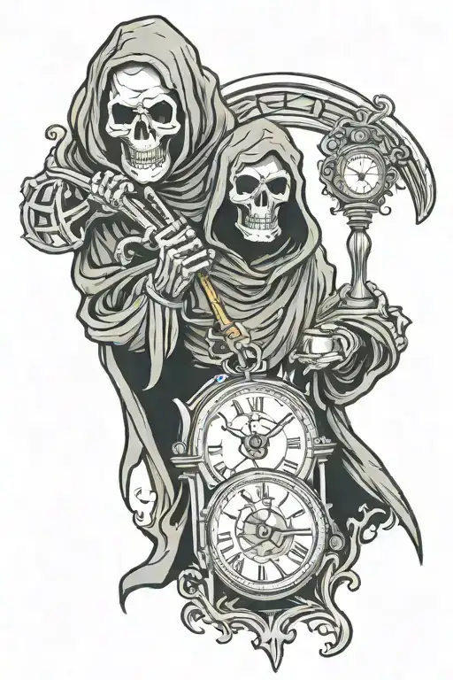 Grim Reaper with a hood over his face holding a time piece in his left hand and a hourglass in his right hand  tattoo design idea