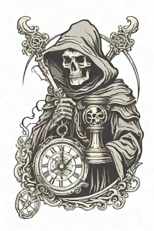 Grim Reaper with a hood over his face holding a time piece in his left hand and a hourglass in his right hand  tattoo design idea