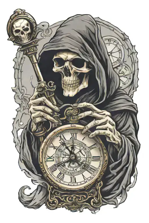 Grim Reaper with a hood over his face holding a time piece in his left hand and a hourglass in his right hand  tattoo design idea