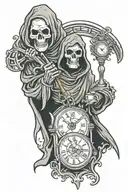 Grim Reaper with a hood over his face holding a time piece in his left hand and a hourglass in his right hand  tattoo design idea