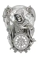Grim Reaper with a hood over his face holding a time piece in his left hand and a hourglass in his right hand  tattoo design idea