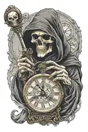 Grim Reaper with a hood over his face holding a time piece in his left hand and a hourglass in his right hand  tattoo design idea