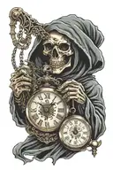 Grim Reaper with a hood over his face holding a time piece in his left hand and a hourglass in his right hand  tattoo design idea