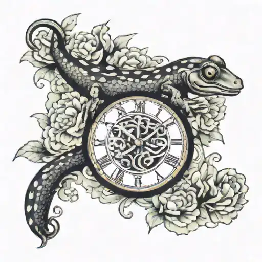 salamander on clock surrounded by carnations and trout  tattoo design idea
