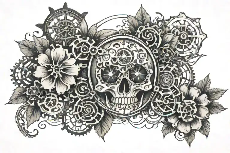 skull flowers eye cross clock gears clouds  tattoo design idea