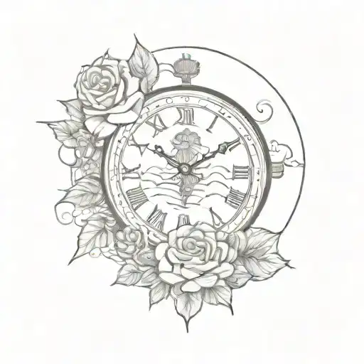 sunset roses cross surrounded by flowers eye inside a clock and clouds above with flowers below tattoo design idea