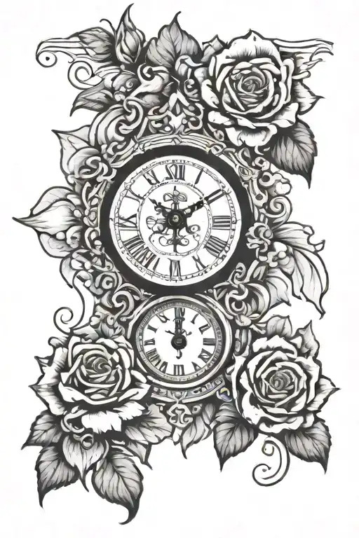 sunset roses cross surrounded by flowers eye inside a clock and clouds above with flowers below tattoo design idea
