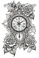 sunset roses cross surrounded by flowers eye inside a clock and clouds above with flowers below tattoo design idea