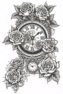 sunset roses cross surrounded by flowers eye inside a clock and clouds above with flowers below tattoo design idea