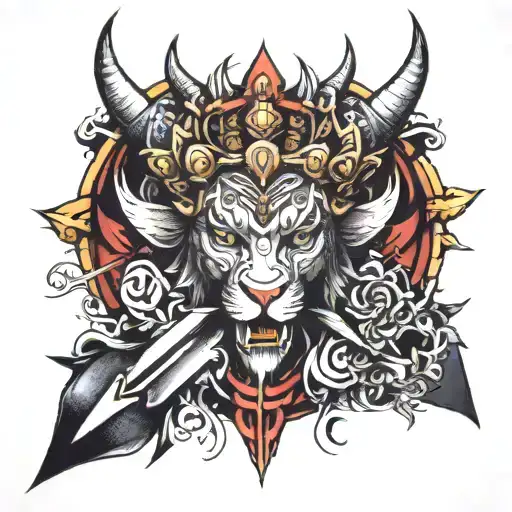 místico , unas alas y espadas y una bestia atemorizante  tattoo design idea