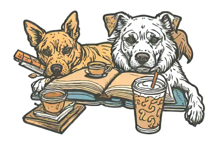 books with dog and iced coffee tattoo design idea